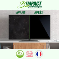 écran de télévions sale avant et après le nettoyage Bioimpact Made in France certification Ecocert