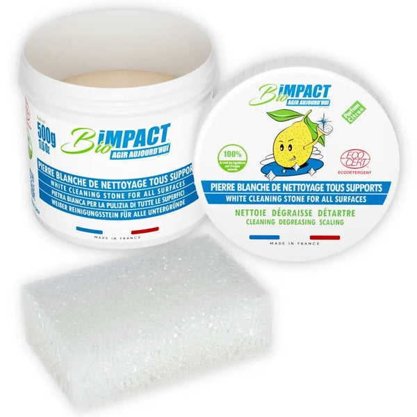 Pierre argile blanche de nettoyage Bioimpact en pot de 500g avec éponge idéale pour tout récurer dans la cuisine, la salle de bian et le jardin